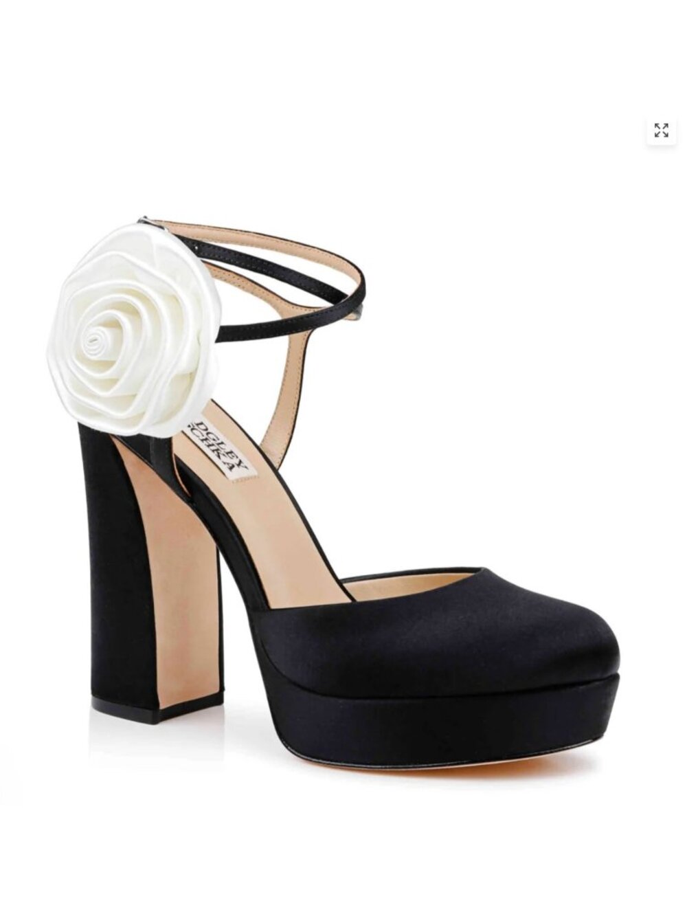 Badgley Mischka Janessa Black Satin Block Heels w White Rosette 11